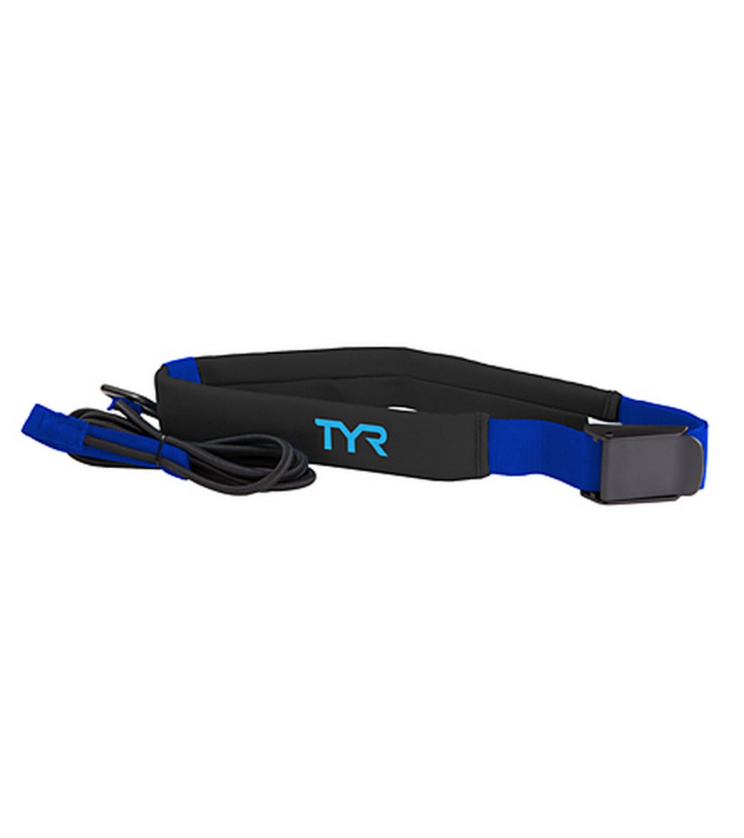 Cinturón de resistencia acuática TYR negro con azul, con cuerda elástica y anclaje