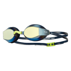 Lentes de competencia TYR Black Ops 140 EV con mica dorada espejada y correa azul marino