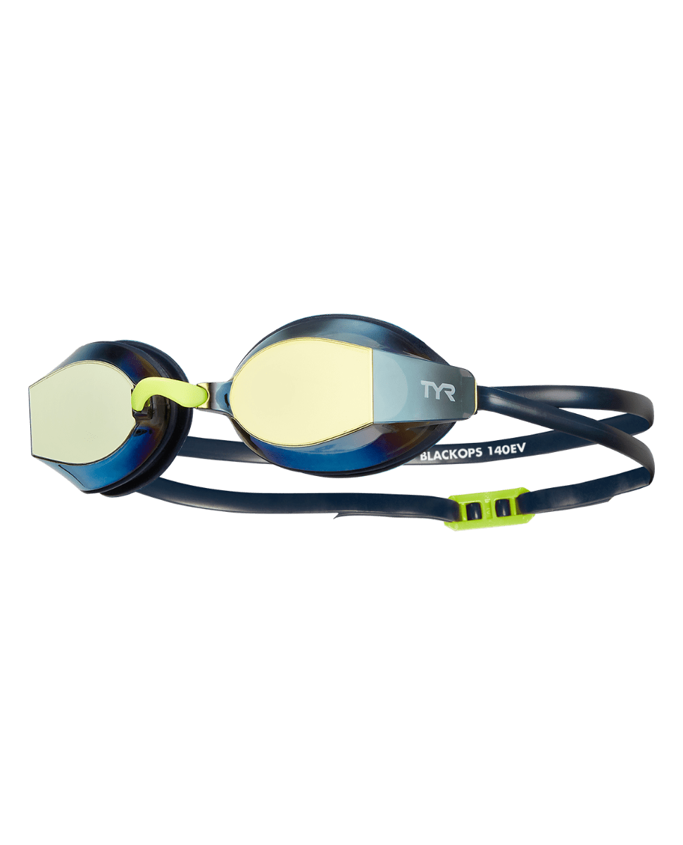 Lentes de competencia TYR Black Ops 140 EV con mica dorada espejada y correa azul marino
