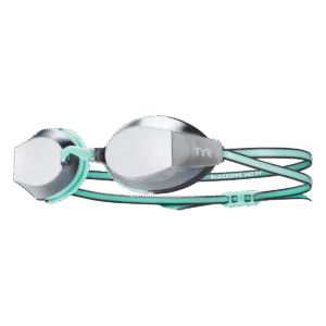 Lentes de competencia TYR Black Ops 140 EV con mica plateada espejada y correa color menta