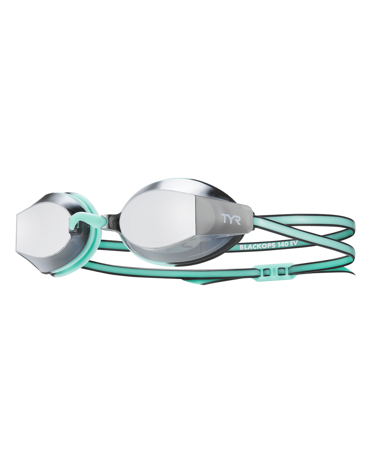 Lentes de competencia TYR Black Ops 140 EV con mica plateada espejada y correa color menta