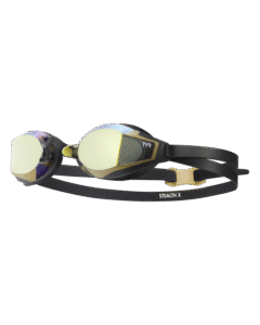 Lentes de competencia TYR Stealth-X con mica dorada espejada y correa negra