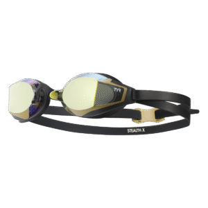 Lentes de competencia TYR Stealth-X con mica dorada espejada y correa negra