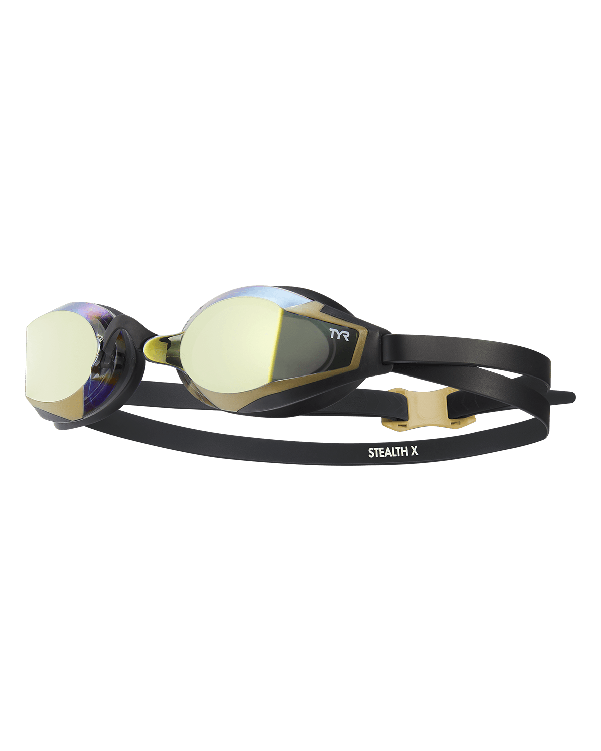 Lentes de competencia TYR Stealth-X con mica dorada espejada y correa negra
