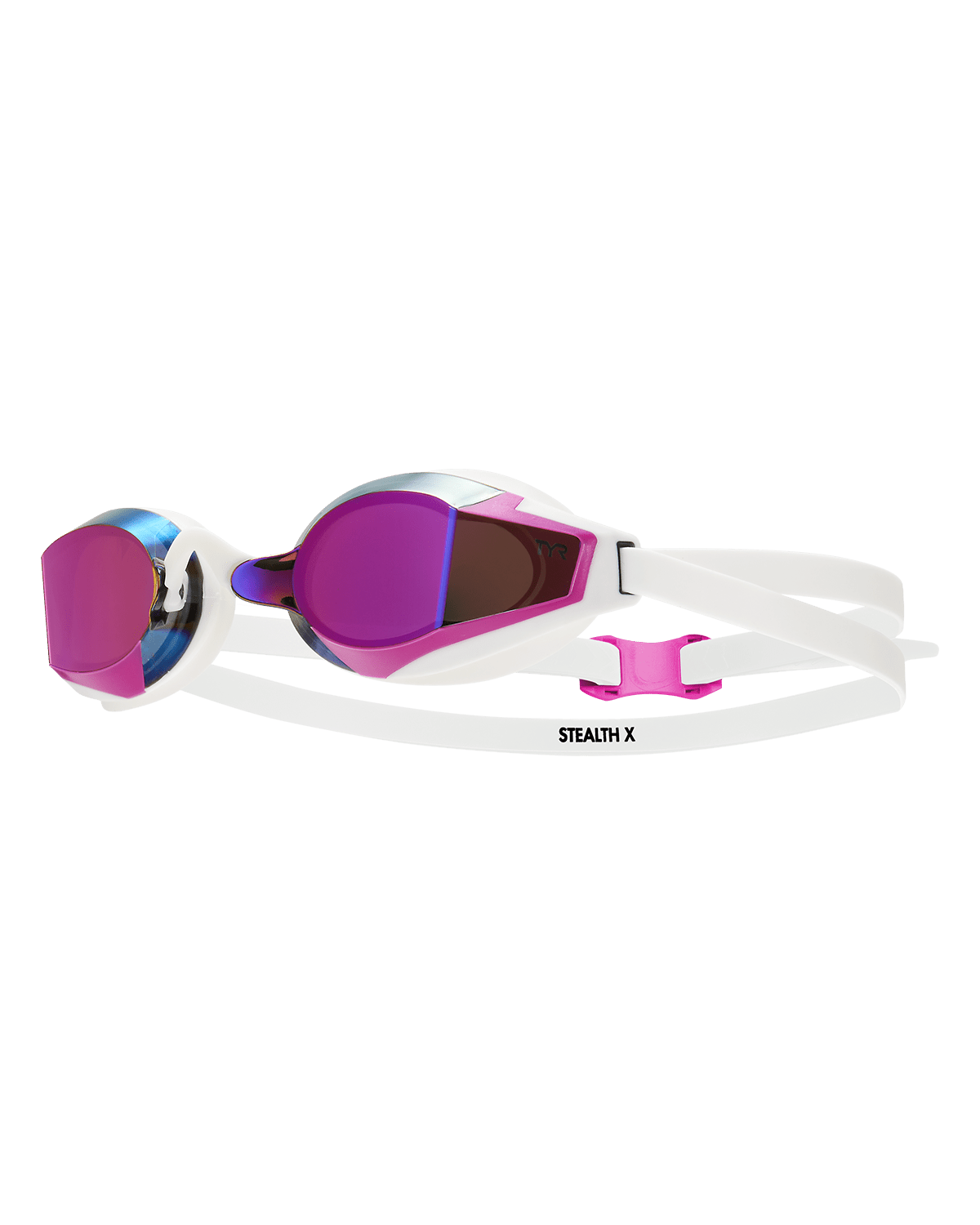 Lentes de competencia TYR Stealth-X con mica rosada espejada y correa blanca