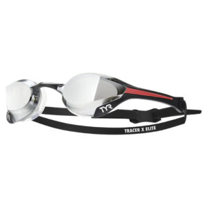 Lentes de competencia TYR Tracer-X Elite con mica plateada espejada y correa multicolor