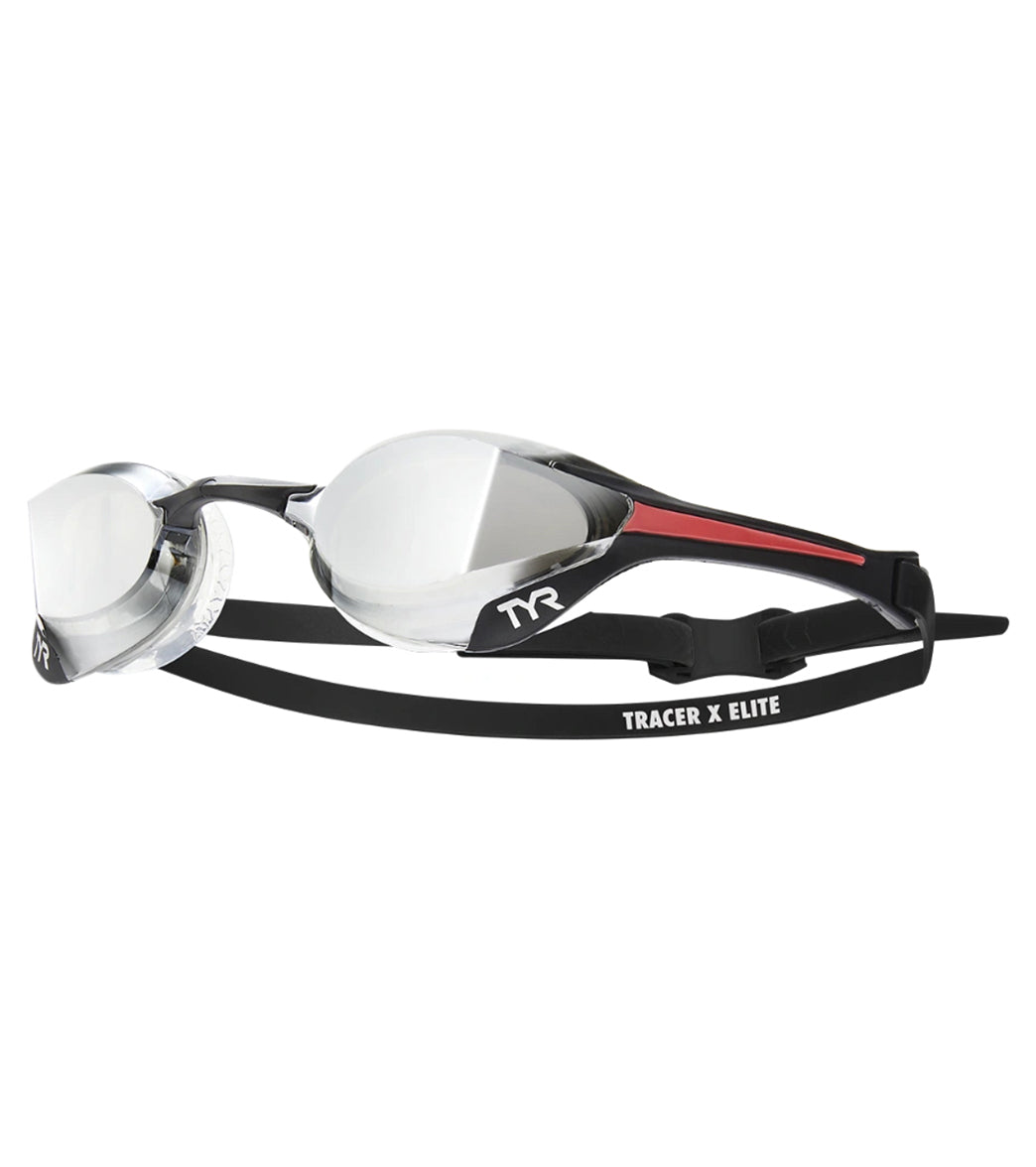 Lentes de competencia TYR Tracer-X Elite con mica plateada espejada y correa multicolor